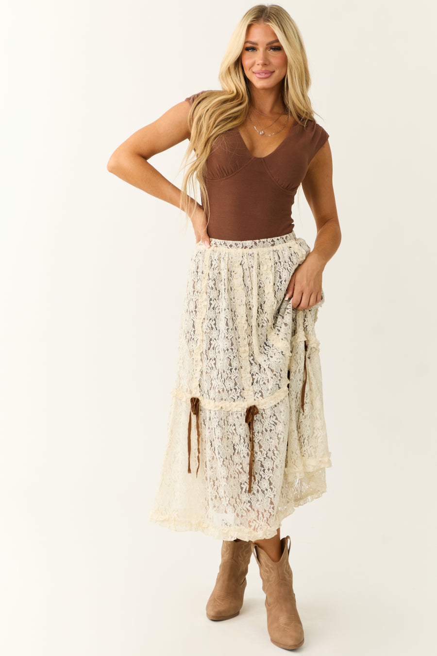 Cream Lace Maxi Skirt with Velvet Bow Detail