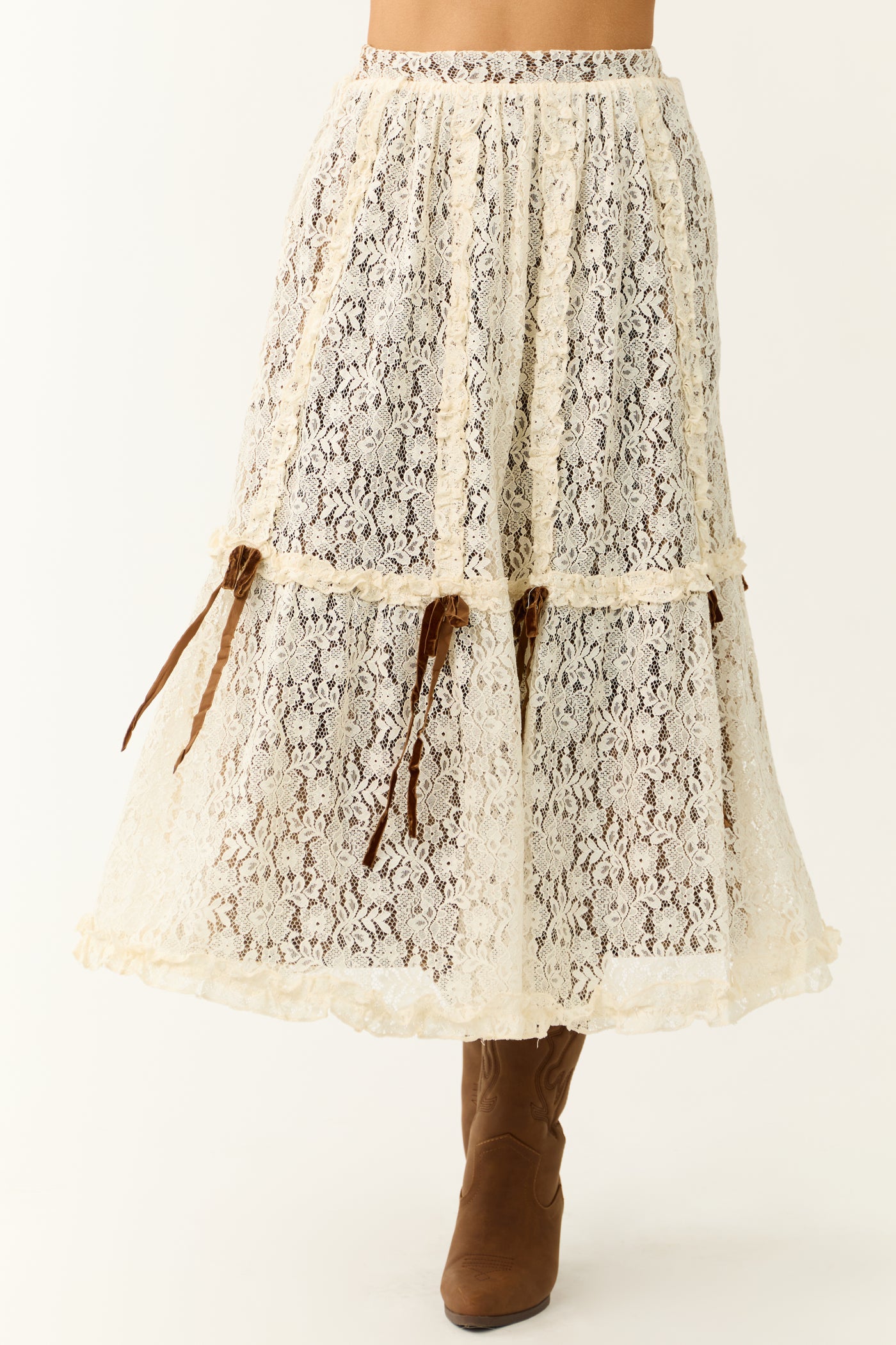 Cream Lace Maxi Skirt with Velvet Bow Detail