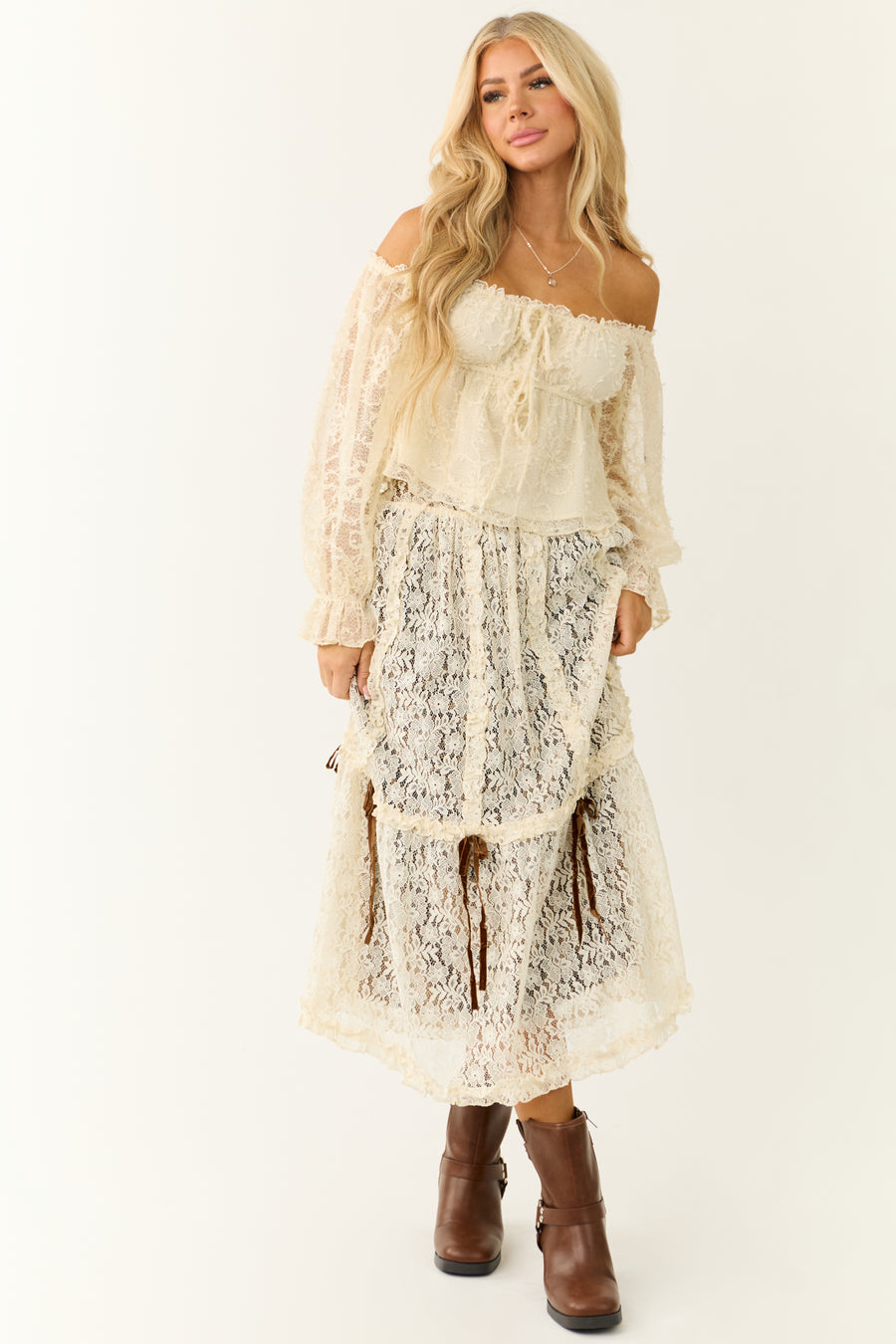 Cream Lace Maxi Skirt with Velvet Bow Detail