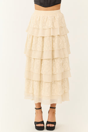 Cream Lace Ruffle Tiered Maxi Skirt