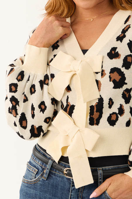 Cream Leopard Print Bow Detail Knit Cardigan