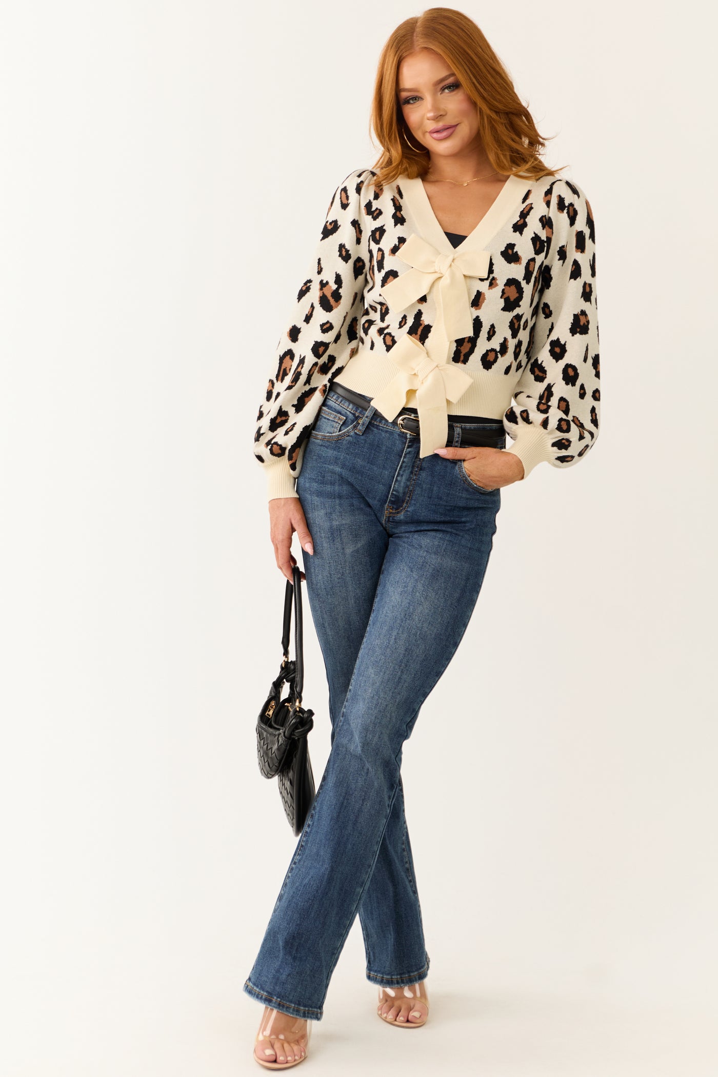 Cream Leopard Print Bow Detail Knit Cardigan