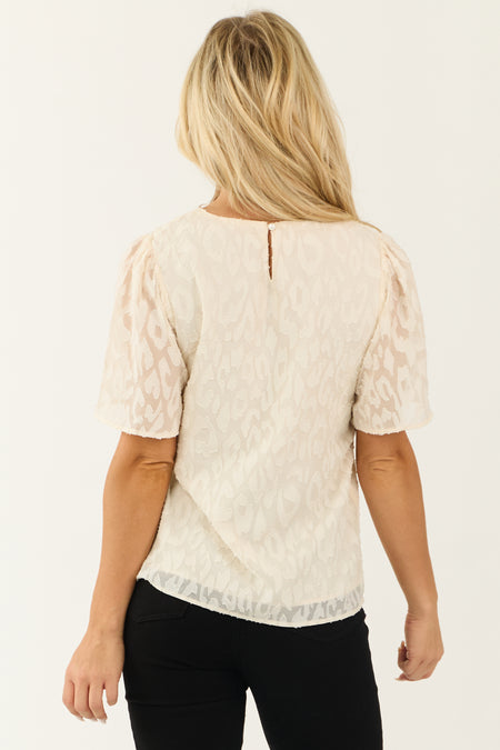 Cream Leopard Textured Short Sleeve Top