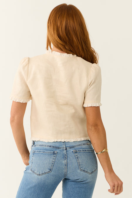 Cream Linen Short Sleeve Button Up Blouse