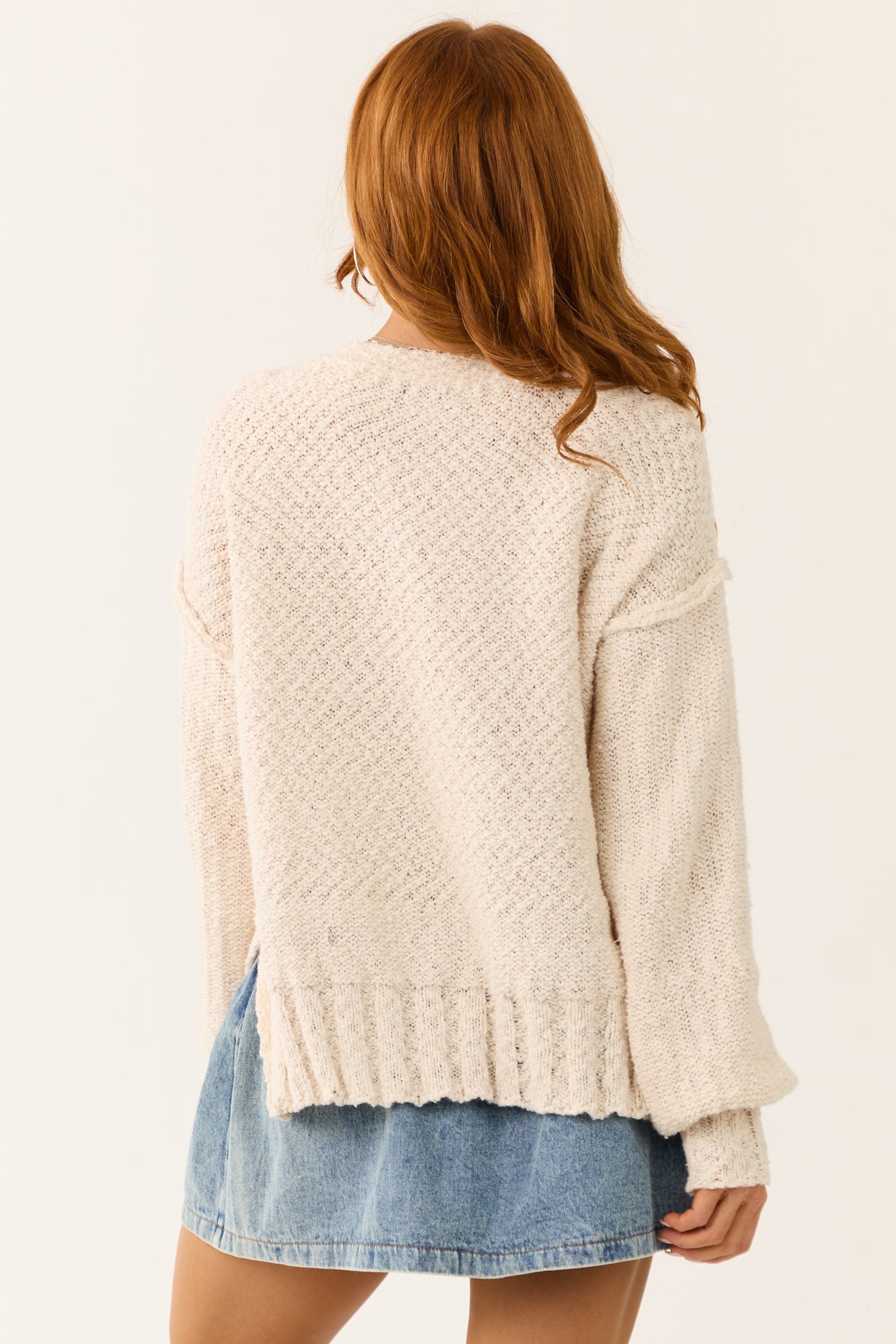 Cream Long Balloon Sleeve Knit Sweater