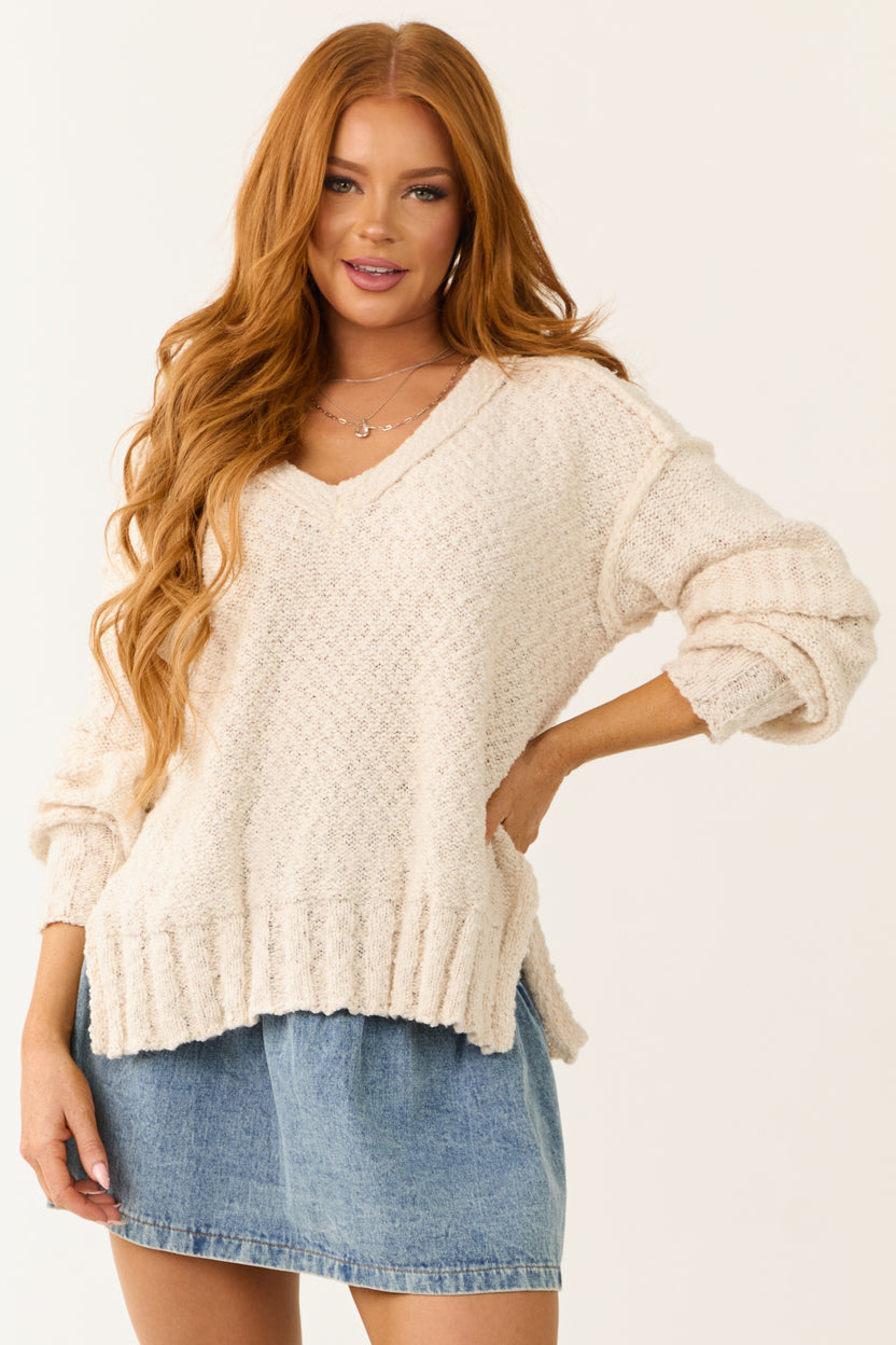 Cream Long Balloon Sleeve Knit Sweater