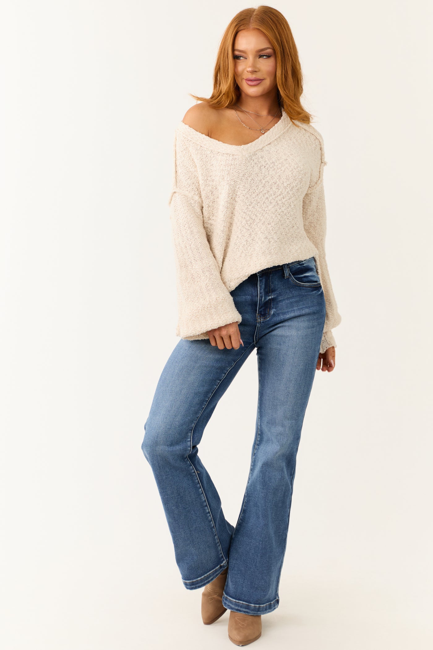 Cream Long Balloon Sleeve Knit Sweater