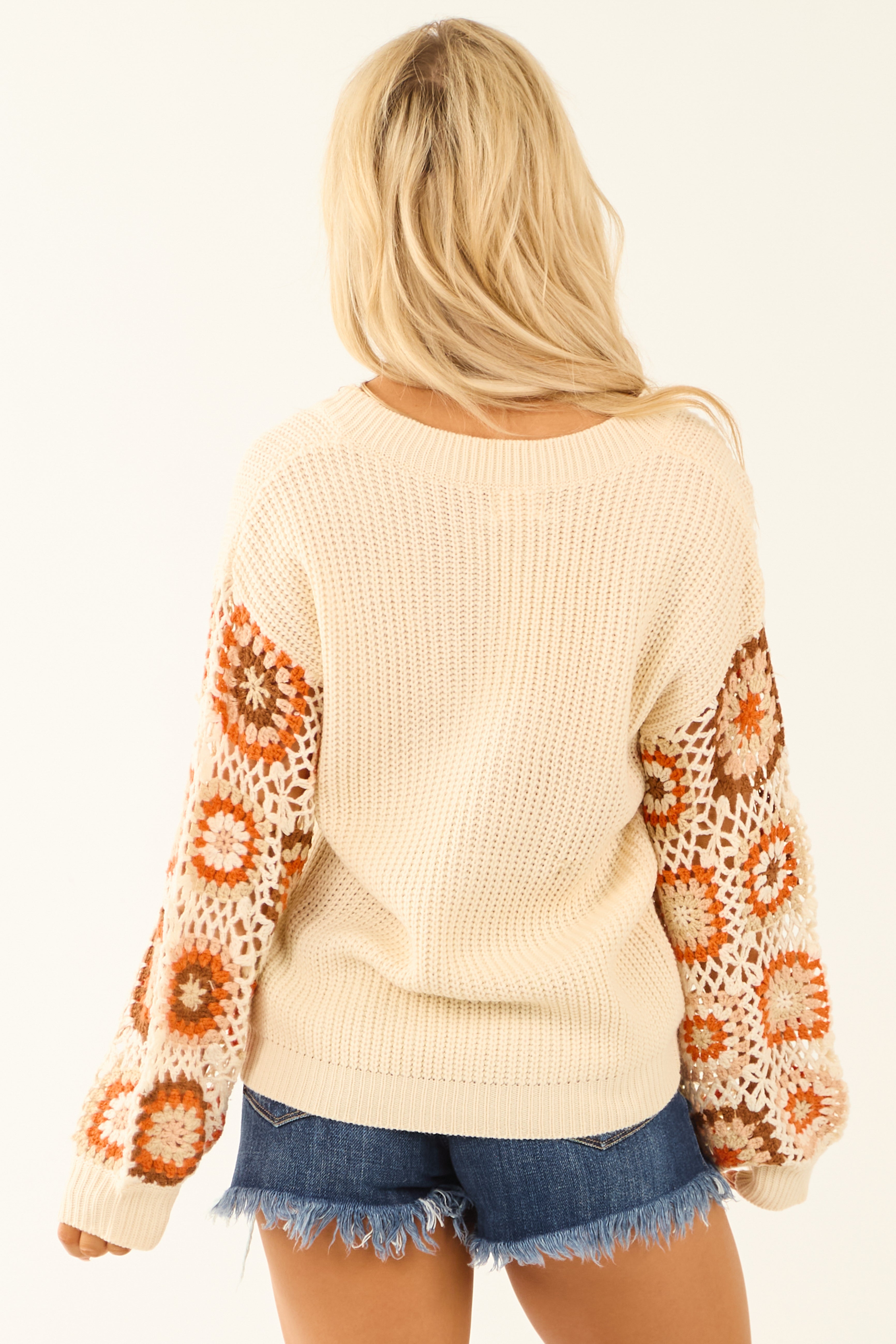 Cream Long Sleeve Crochet Granny Square Sweater