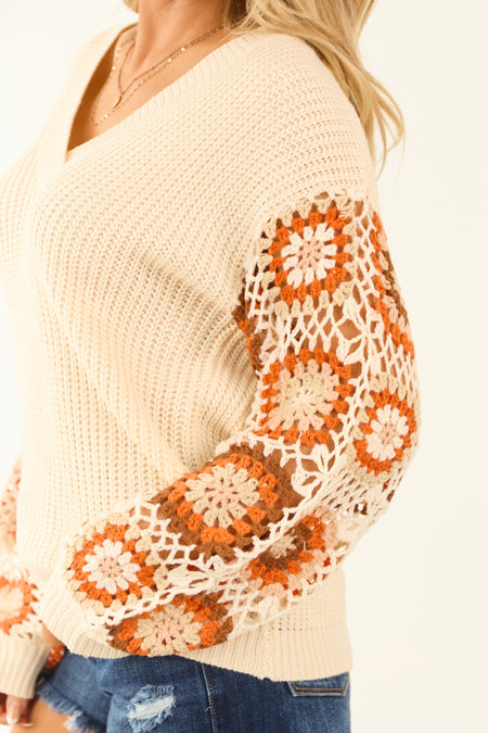 Cream Long Sleeve Crochet Granny Square Sweater