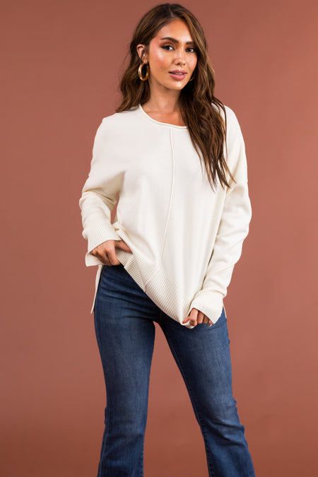 Cream Long Sleeve Front Seam Knit Sweater