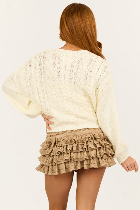 Cream Long Sleeve Front Tie Cable Knit Cardigan