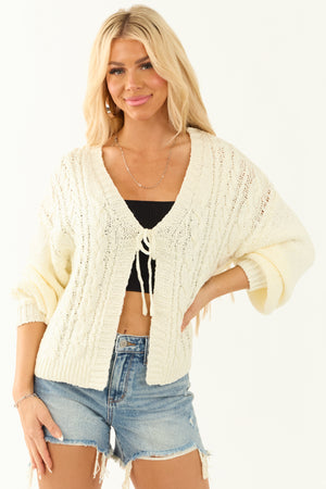 Cream Long Sleeve Front Tie Cable Knit Cardigan