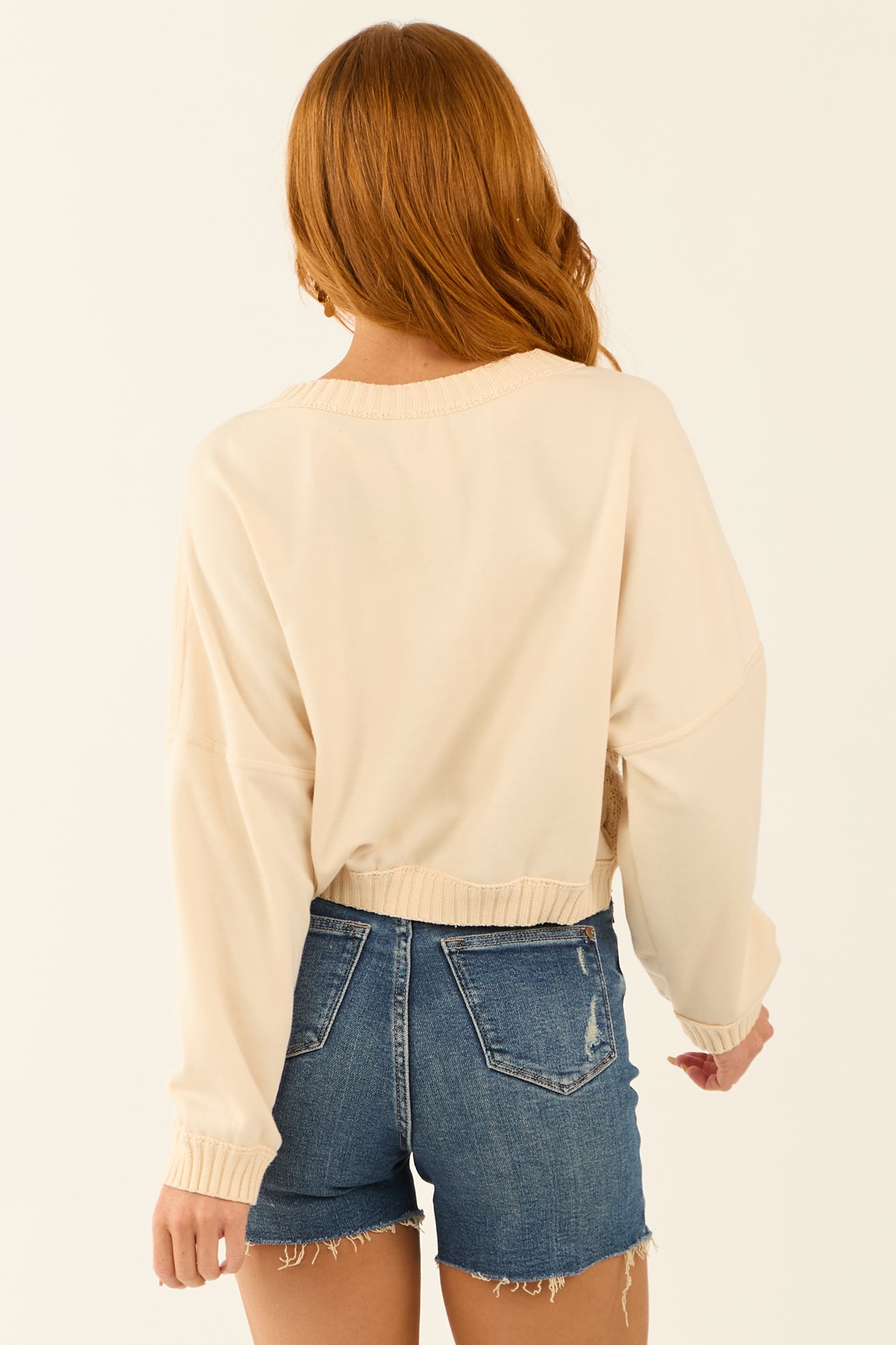 Cream Long Sleeve Knit Front Cropped Sweater