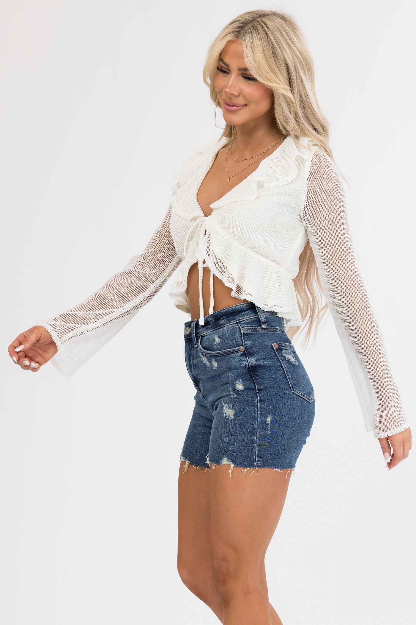 Cream Long Sleeve Mesh Top with Front Tie