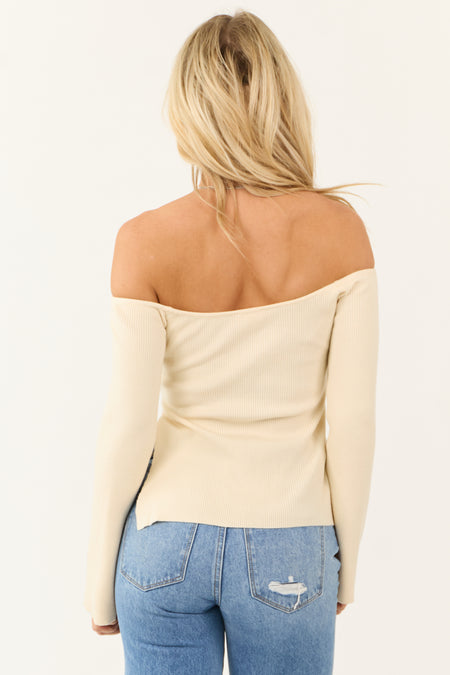 Cream Long Sleeve Off the Shoulder Side Slit Top