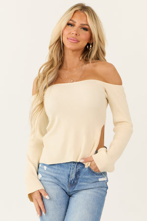 Cream Long Sleeve Off the Shoulder Side Slit Top