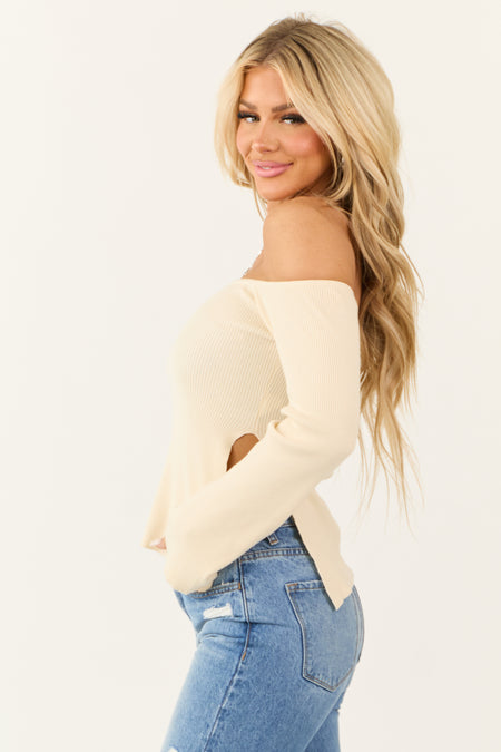 Cream Long Sleeve Off the Shoulder Side Slit Top