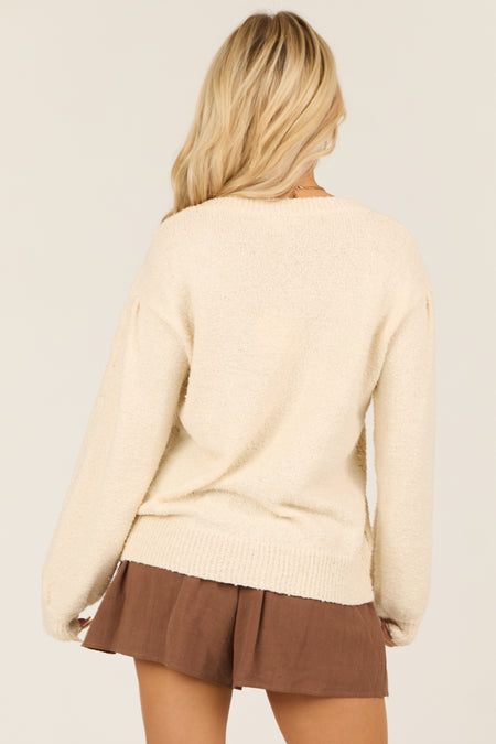 Cream Long Sleeve Pointelle Knit Crew Neck Sweater