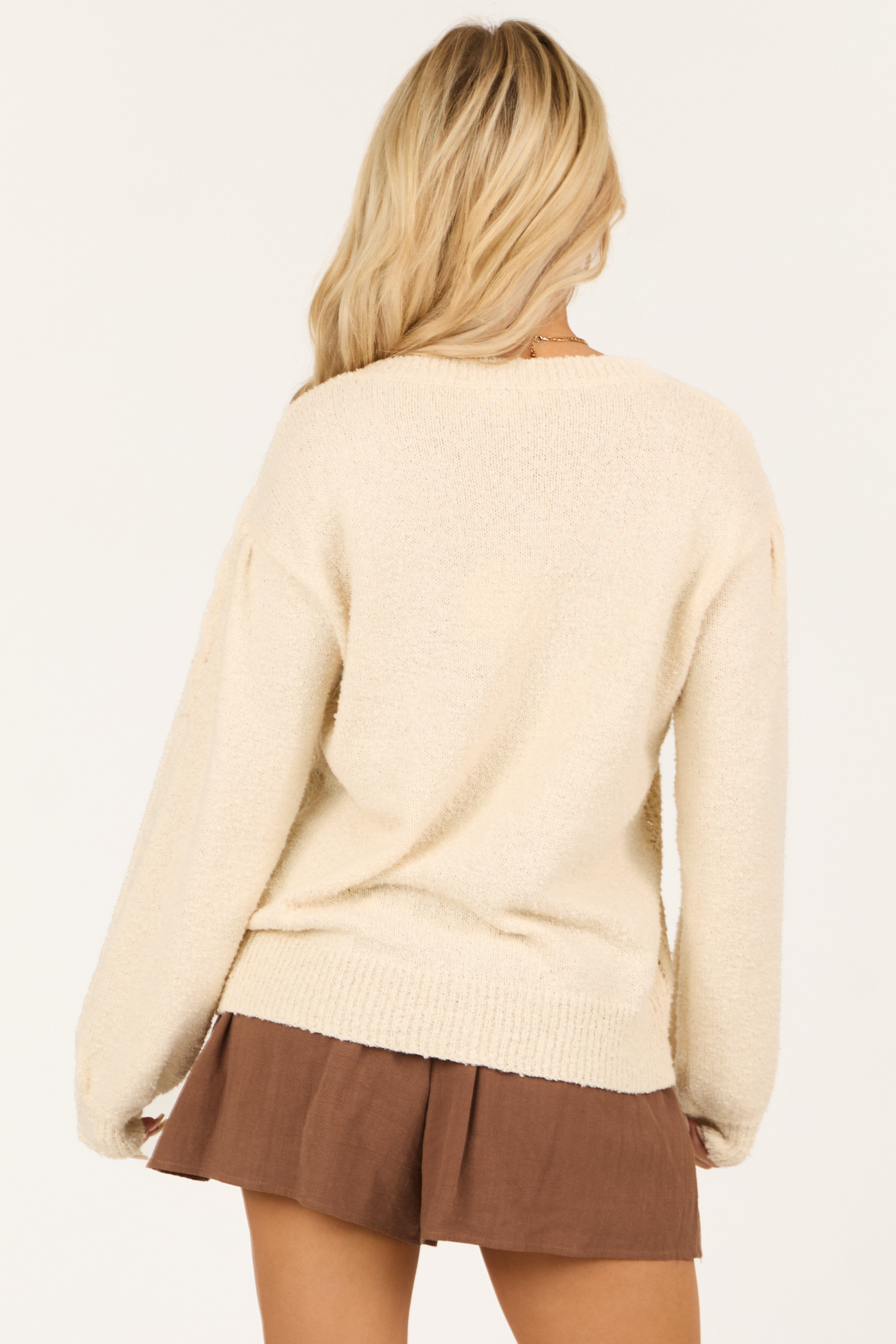 Cream Long Sleeve Pointelle Knit Crew Neck Sweater