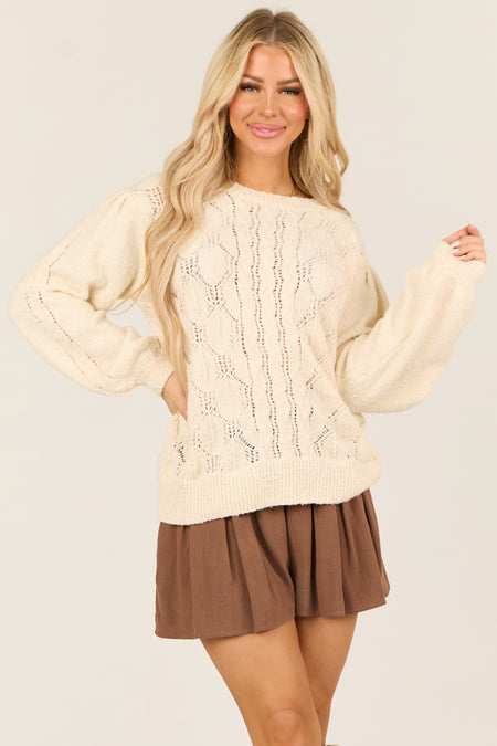 Cream Long Sleeve Pointelle Knit Crew Neck Sweater