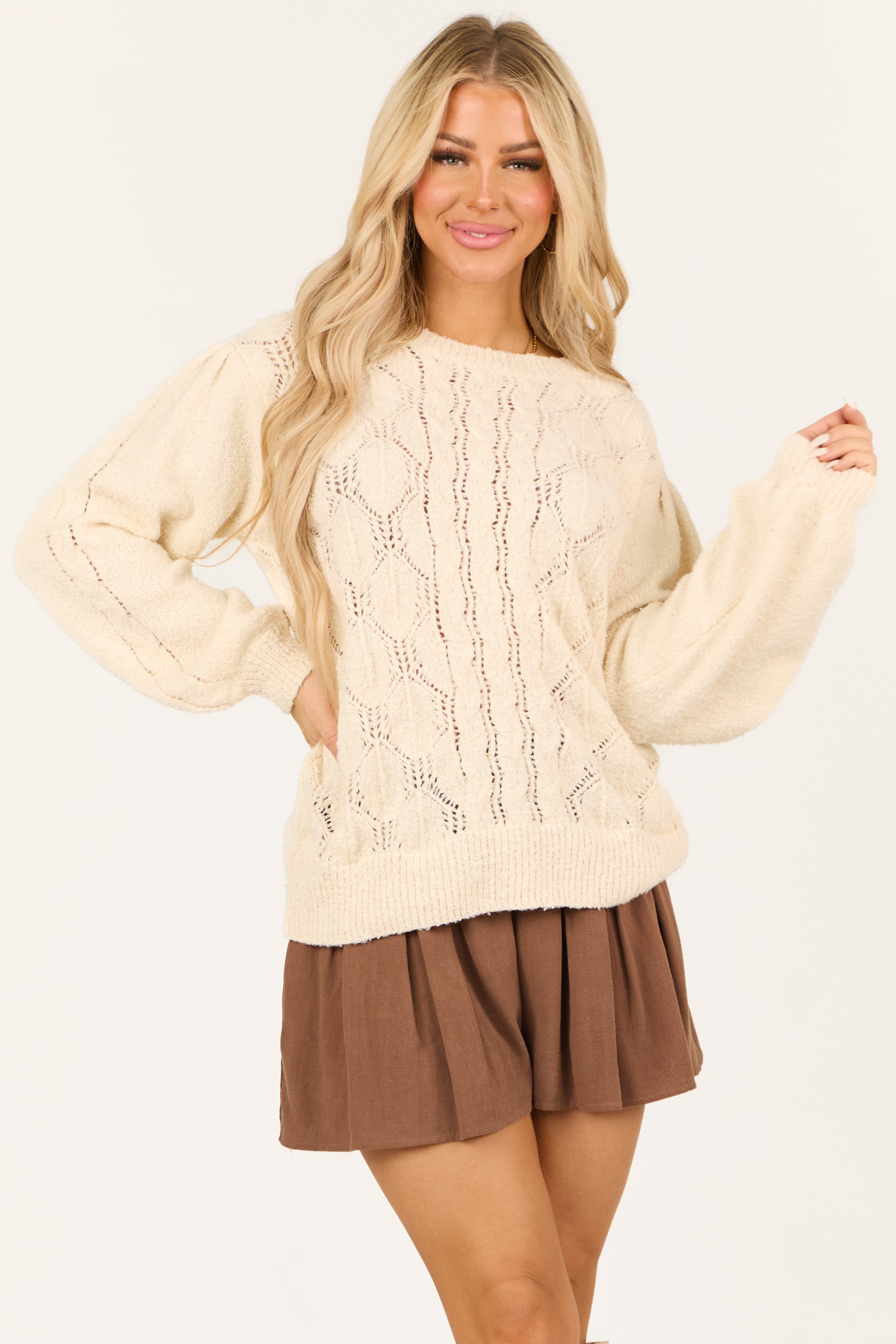 Cream Long Sleeve Pointelle Knit Crew Neck Sweater