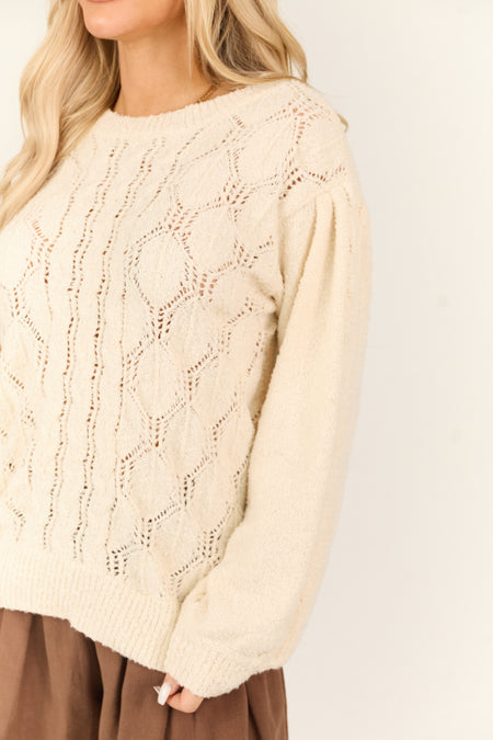 Cream Long Sleeve Pointelle Knit Crew Neck Sweater