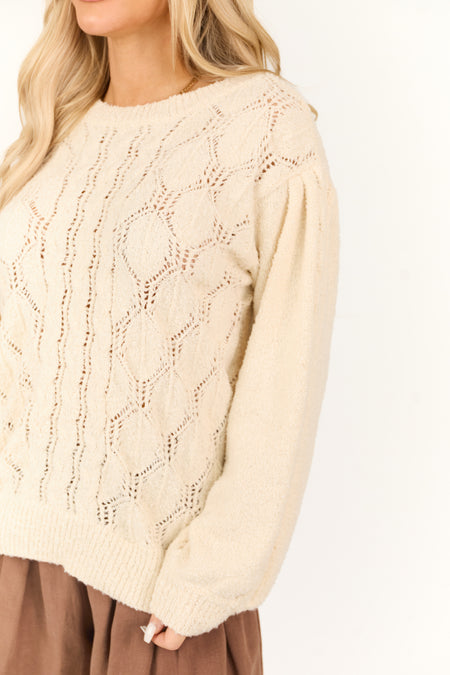 Cream Long Sleeve Pointelle Knit Crew Neck Sweater