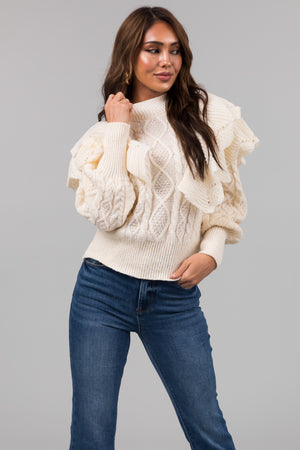 Cream Long Sleeve Ruffle Shoulder Sweater