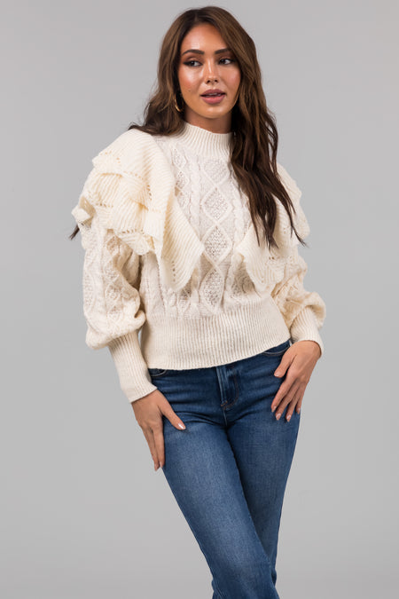 Cream Long Sleeve Ruffle Shoulder Sweater