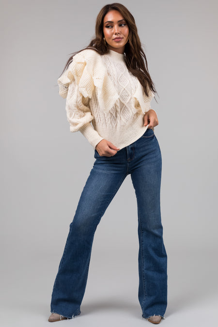 Cream Long Sleeve Ruffle Shoulder Sweater