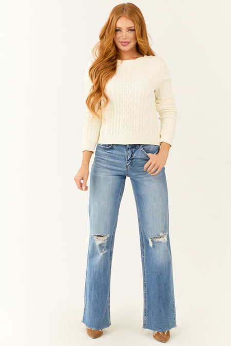 Cream Long Sleeve Textured Cable Knit Sweater