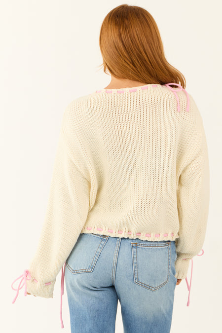 Cream Long Sleeve Tie Cinched Detail Sweater