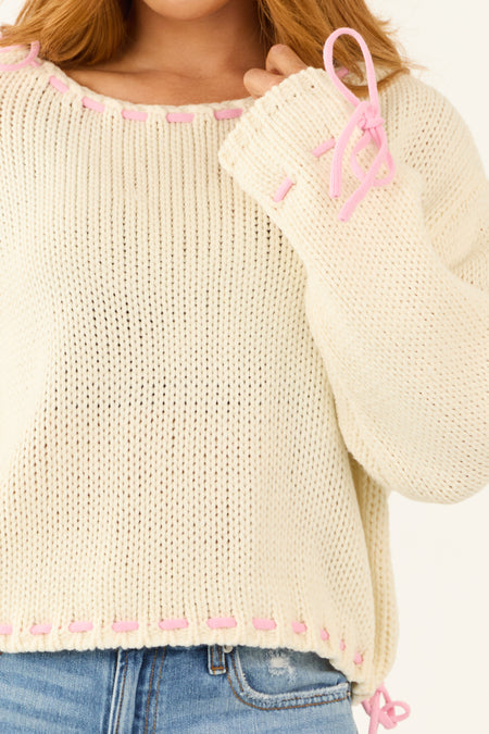 Cream Long Sleeve Tie Cinched Detail Sweater