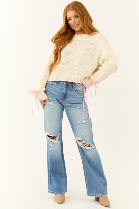 Cream Long Sleeve Tie Cinched Detail Sweater