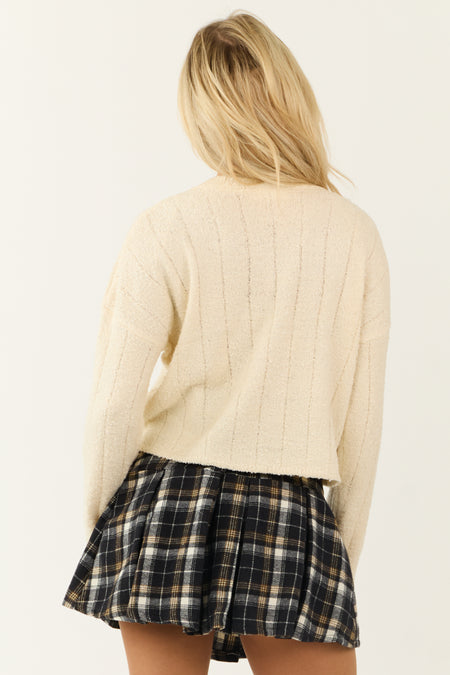 Cream Long Sleeve V Neck Textured Knit Sweater