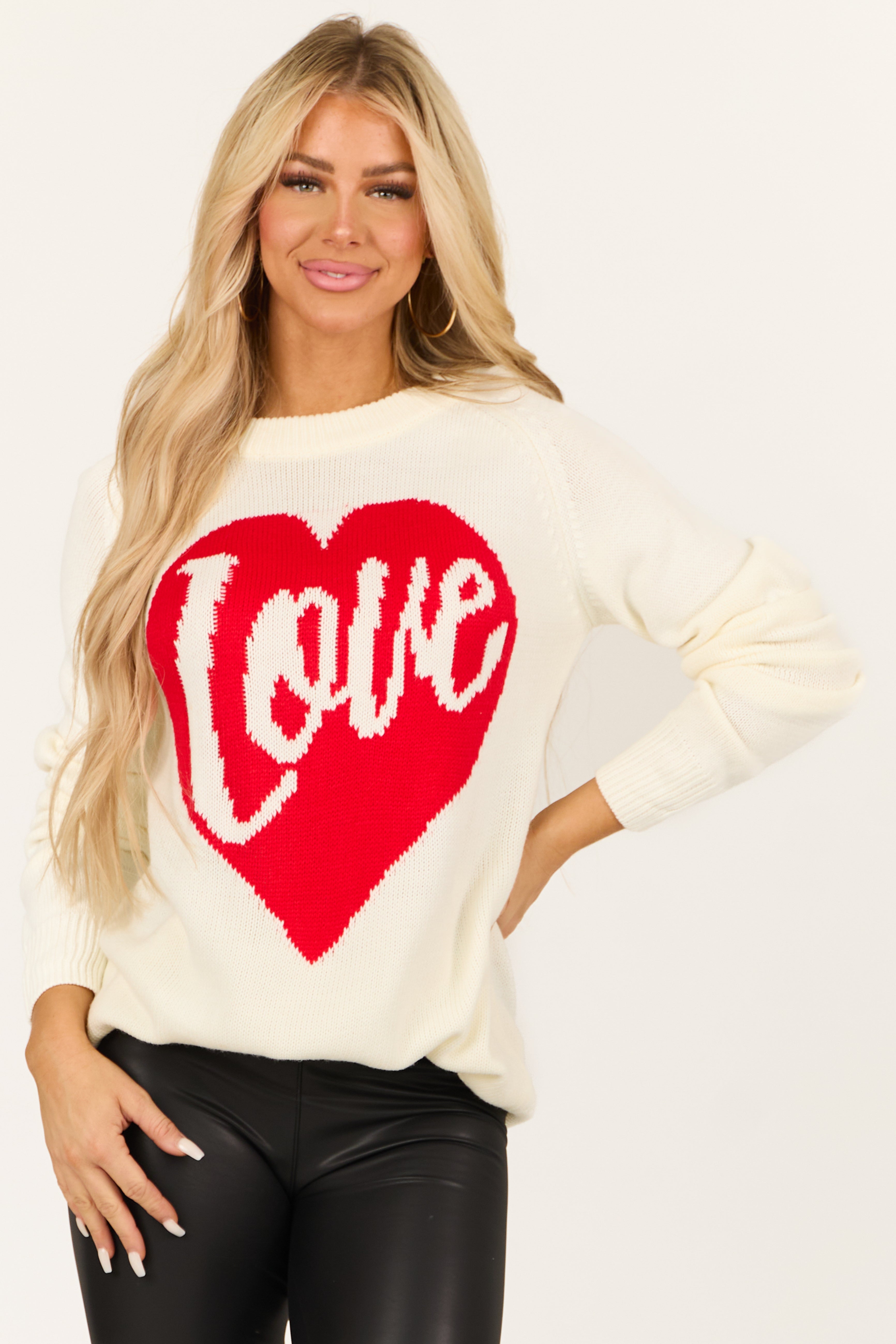 Cream 'Love' Heart Graphic Long Sleeve Sweater