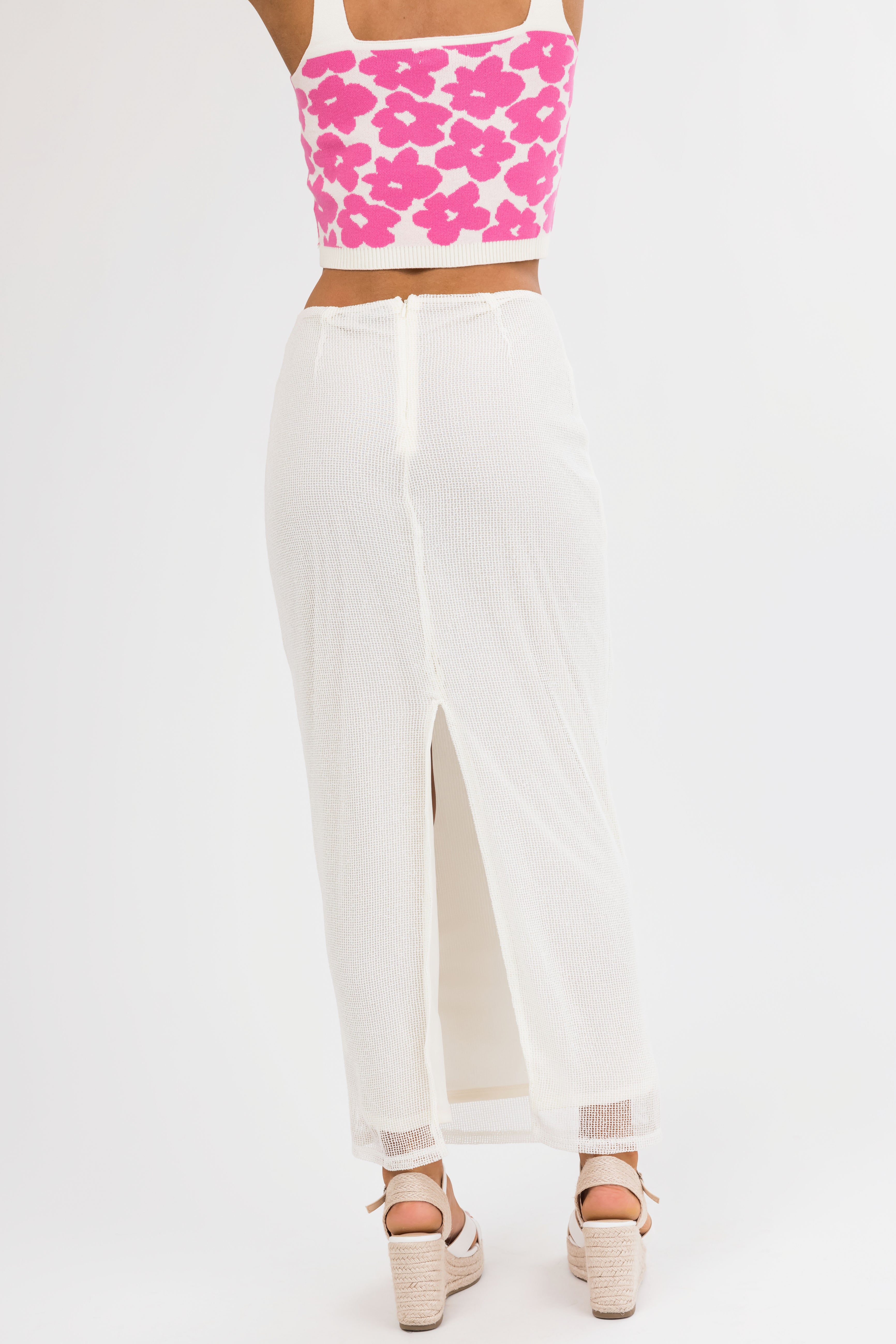 Cream Mesh Maxi Skirt with Back Slit