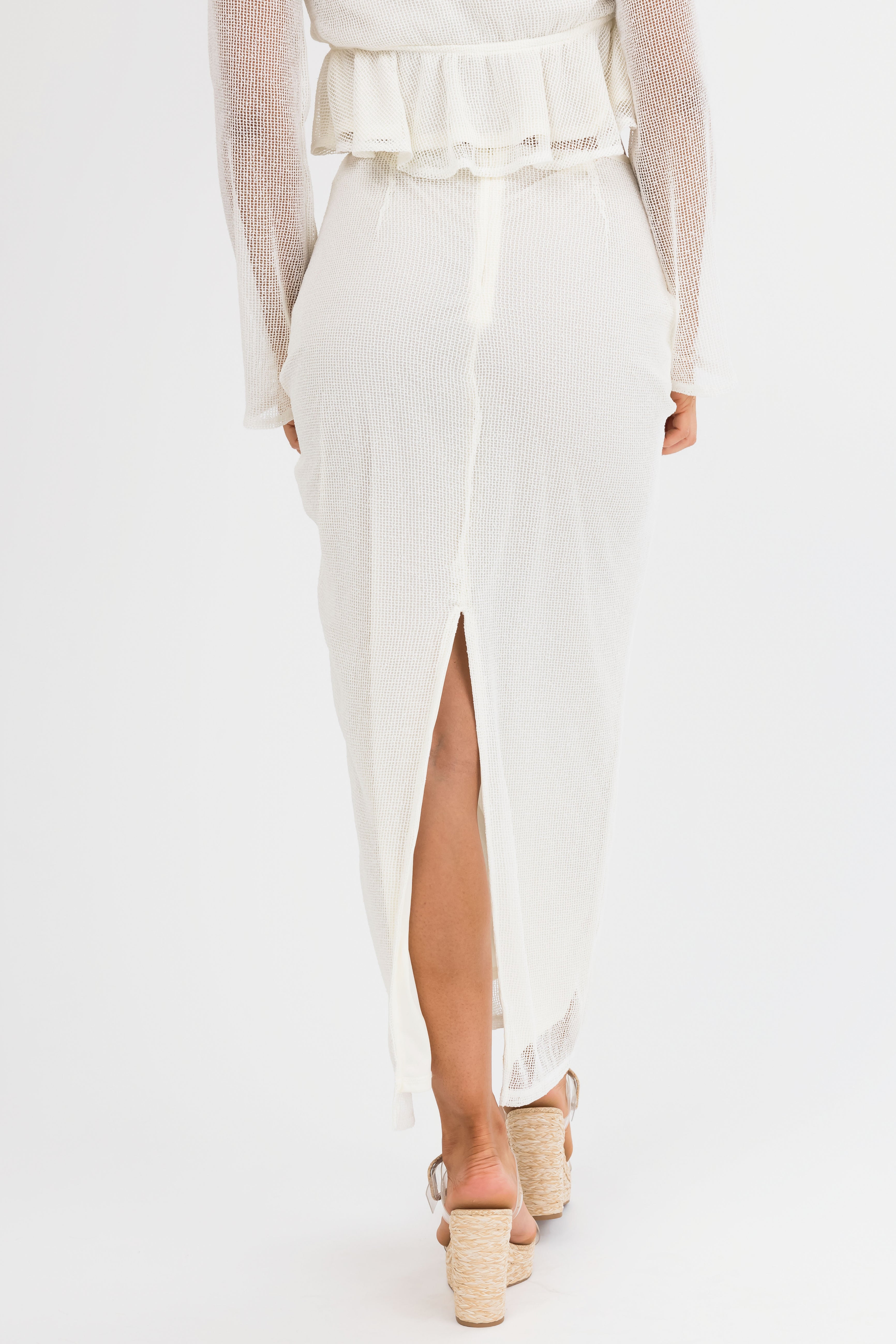 Cream Mesh Maxi Skirt with Back Slit