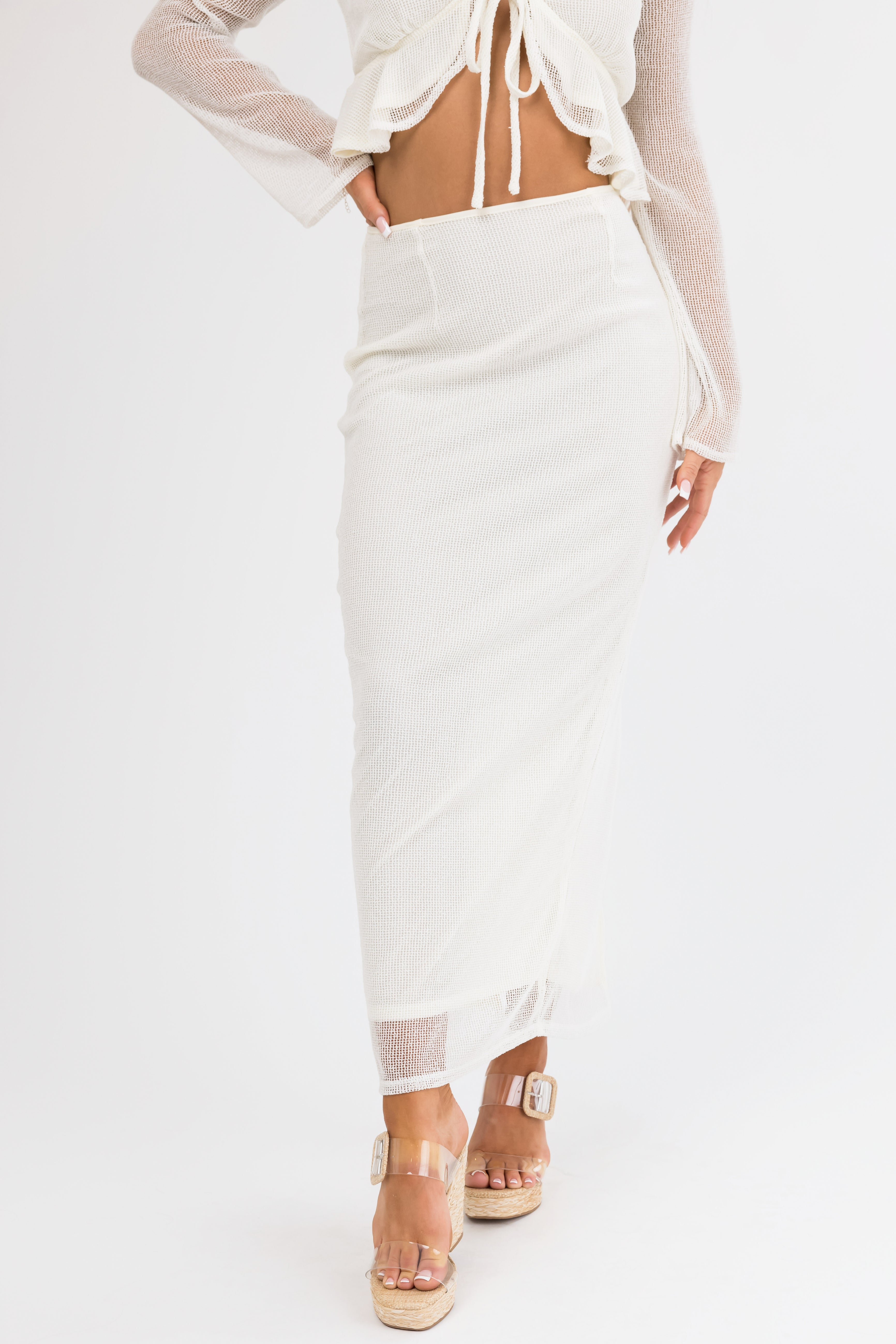 Cream Mesh Maxi Skirt with Back Slit