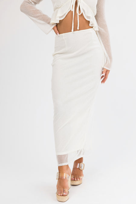 Cream Mesh Maxi Skirt with Back Slit