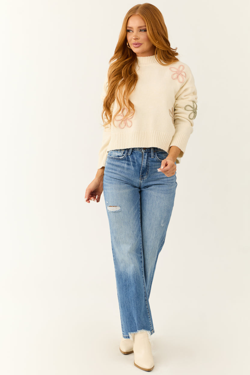 Cream Mock Neck Floral Applique Sweater