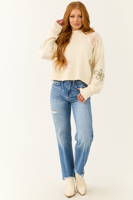 Cream Mock Neck Floral Applique Sweater