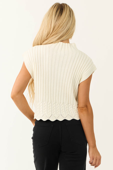 Cream Mock Neck Short Sleeve Knit Sweater