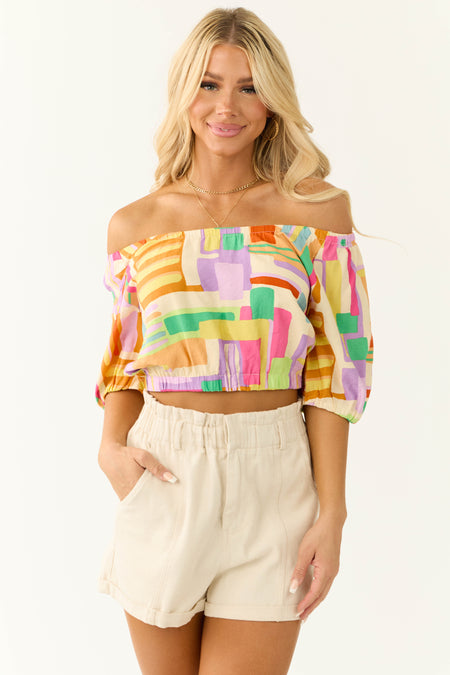 Cream Multicolor Geo Print Crop Top