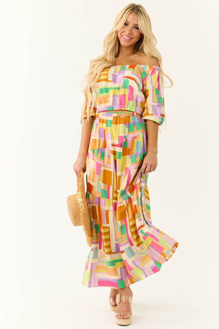 Cream Multicolor Geo Print Maxi Skirt