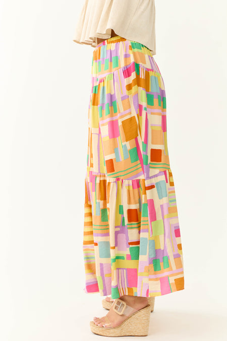 Cream Multicolor Geo Print Maxi Skirt