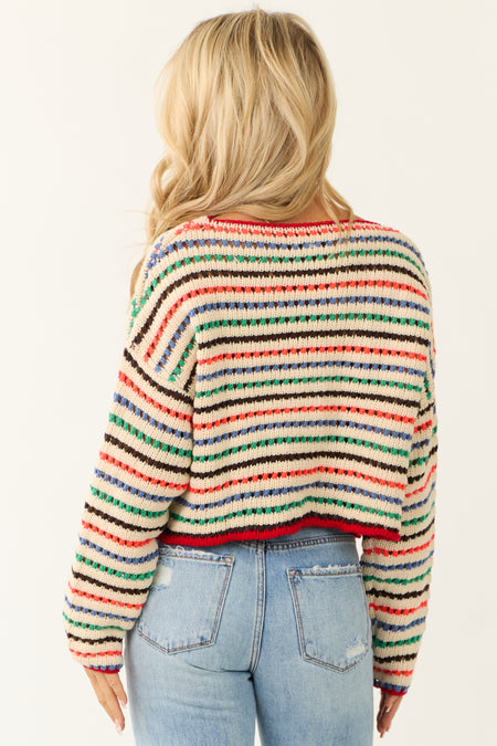 Cream Multicolor Striped Open Crochet Sweater