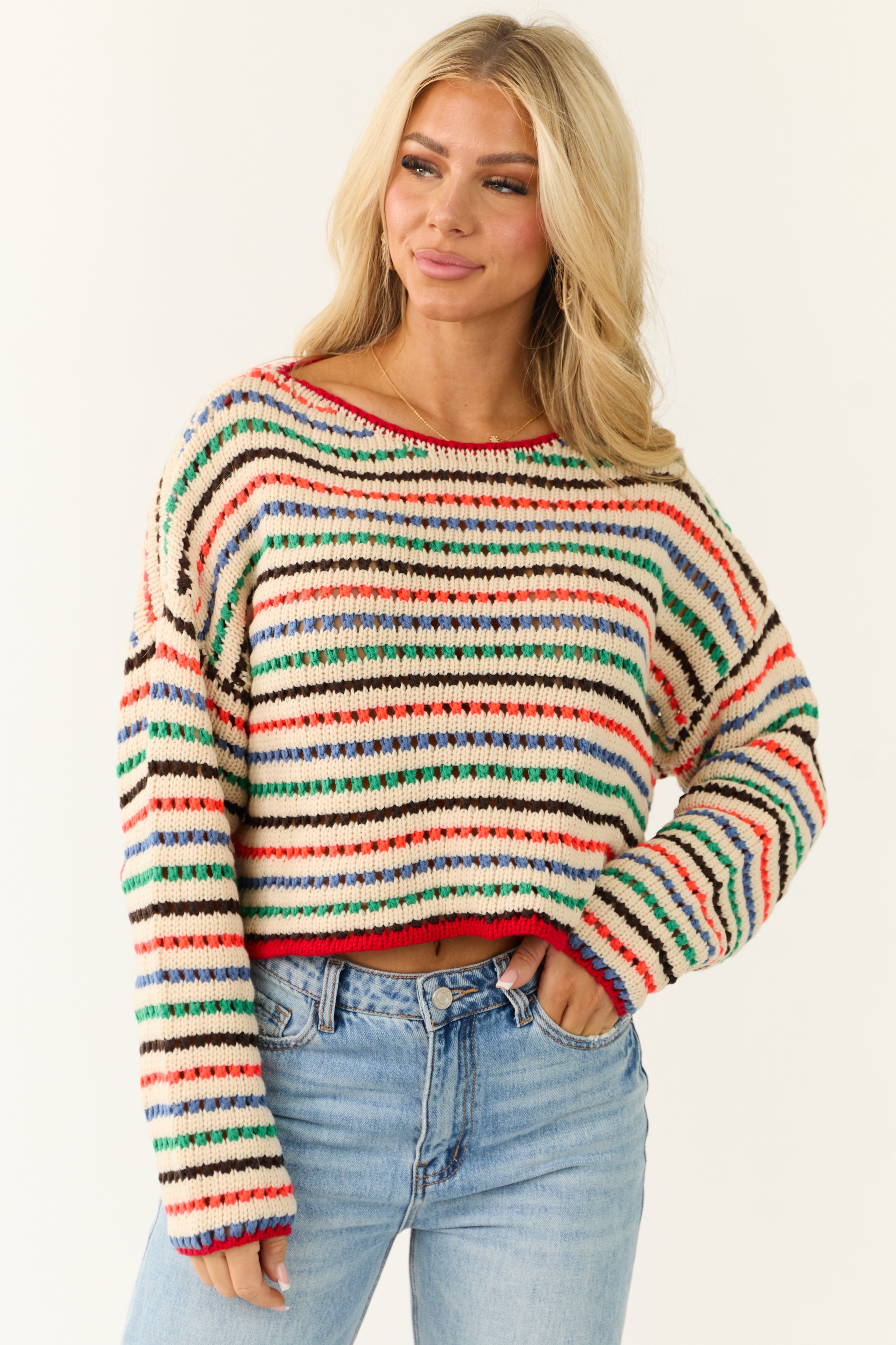 Hyfve Women s Striped Open Crochet Sweater