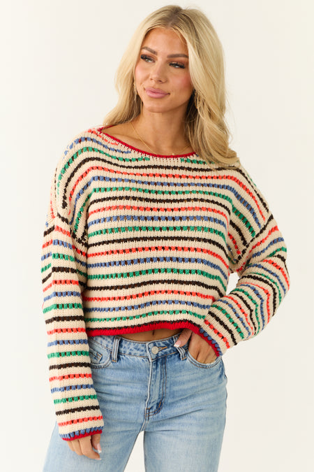 Cream Multicolor Striped Open Crochet Sweater