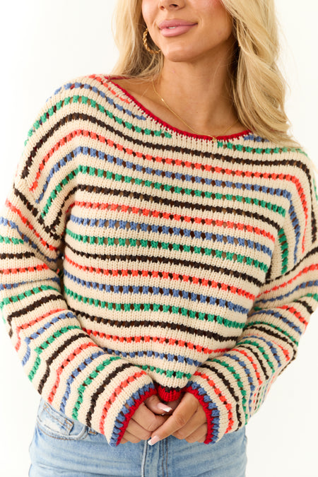 Cream Multicolor Striped Open Crochet Sweater